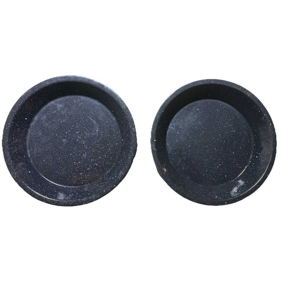 Vintage Enamelware Pie Pan Plate Black Speckled 10" Graniteware Set Of 2